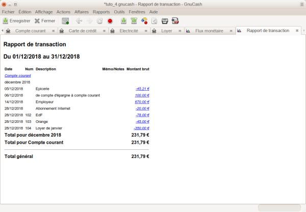 Rapport de transaction pour le compte courant en décembre