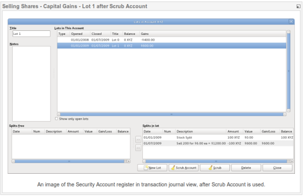 Image du registre d'actions en vue journal des transactions, après la vérification du compte