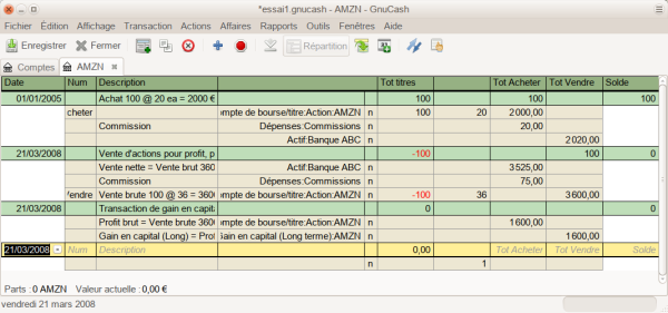 Exemple de vente d’actions avec bénéfice dont la vente et le bénéfice sont enregistrés dans des transactions distinctes, dans la vue Journal des transactions. Vous avez acheté 100 actions AMZN à 20 € par action et vendu à 36 €. Exemple de vente d’actions avec bénéfice dont la vente et le bénéfice sont enregistrés dans des transactions distinctes, dans la vue Journal des transactions. Vous avez acheté 100 actions AMZN à 20 € par action et vendu à 36 €.