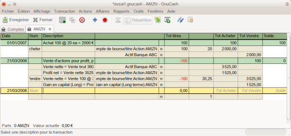 Exemple de vente d’actions avec profit à l’aide de la détermination du prix net en vue journal des transactions. Vous avez acheté 100 actions AMZN à 20 € par action et vendu pour 36 €. Exemple de vente d’actions avec profit à l’aide de la détermination du prix net en vue journal des transactions. Vous avez acheté 100 actions AMZN à 20 € par action et vendu pour 36 €.